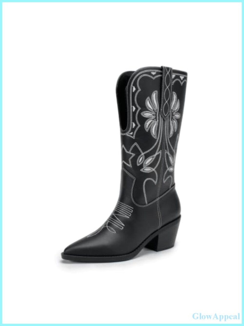 Women's Embroidered Western Cowboy Boots Pointed Toe Chunky Heel Mid Calf Pull